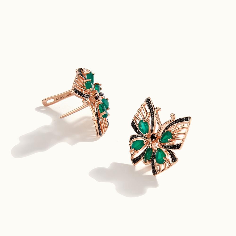 Awesome Butterfly Design Silver Clasp Earring & Ring Set Made Natural Green Agate Gems Luxury Jewelry for Women Anniversary Gift