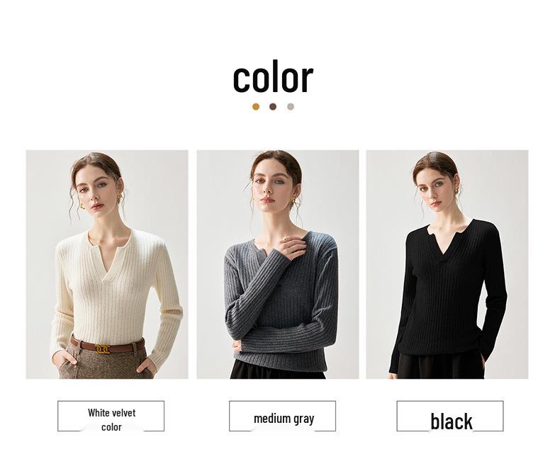 Ribbed Cashmere V-Neck Sweater - Women's Elegant Slimming Pullover for Autumn 2026