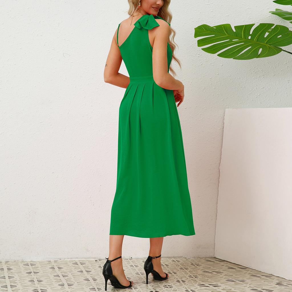 Summer Ladies Elegant Bow Suspender Pleated Irregular Sleeveless Dress For Women