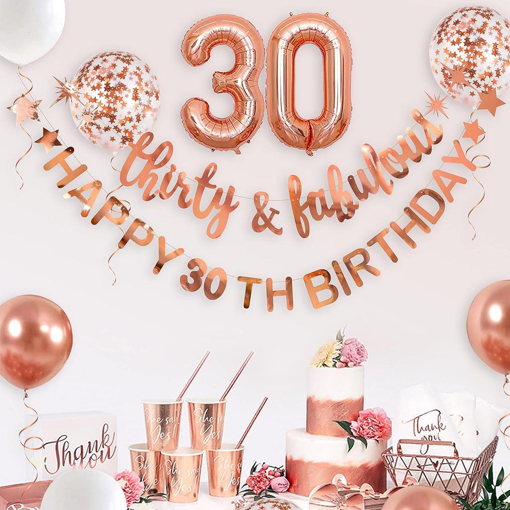 Rose Gold Thirty & Fabulous Happy 30th Birthday Banner Garland Foil Balloon 30 for Womens 30th Birthday Decorations Hanging 30 and Fabulous Cheers to