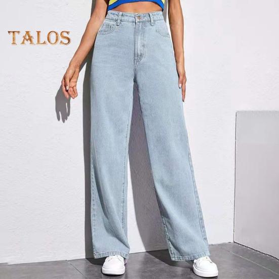 

Женские джинсы с карманами, застежка-молния на пуговицу с высокой талией, прямые брюки, однотонные, в винтажном американском стиле, джинсовые брюки для повседневной носки, Scool M светло-синий