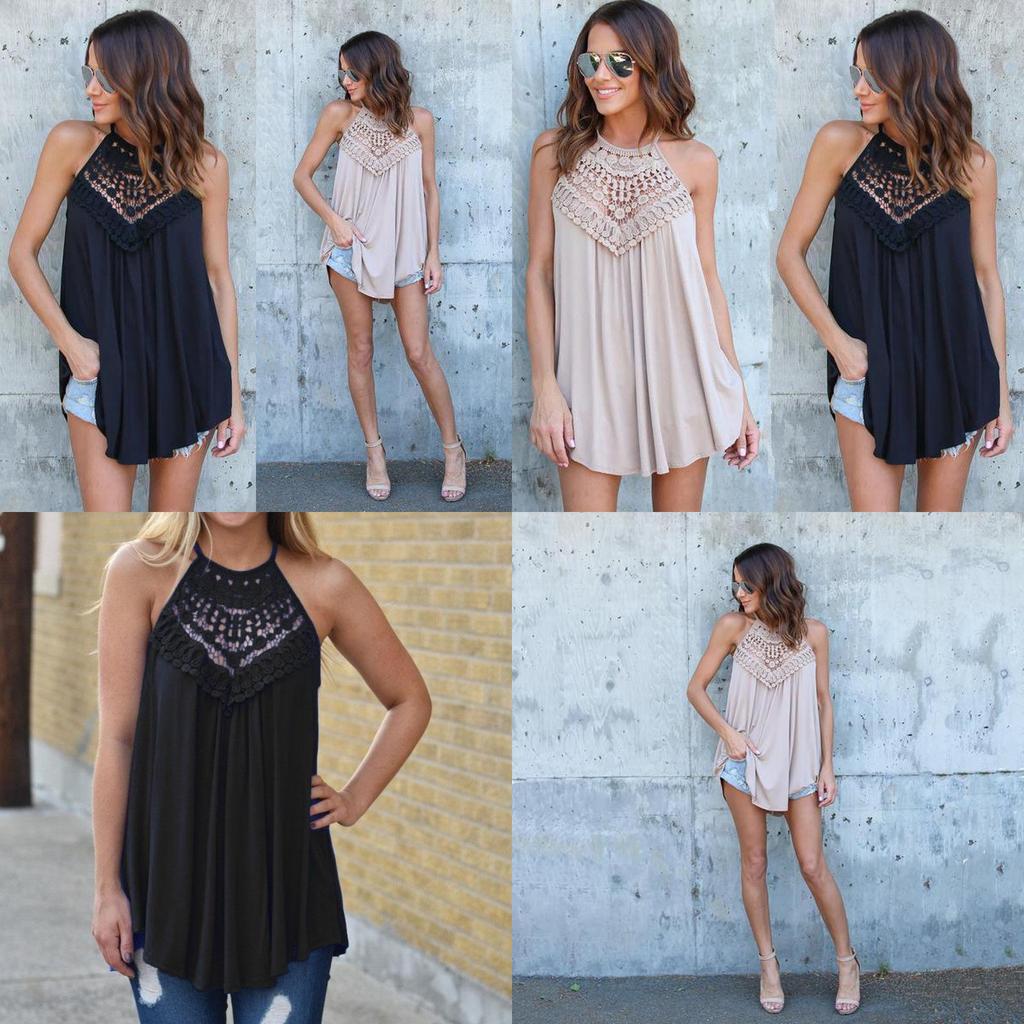 European Style Loose Fit Sleeveless Cotton T Shirt With Lace Splicing For Casual Women