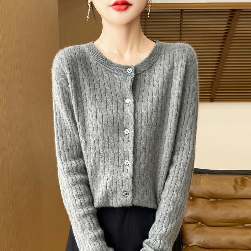 Podzimní dámské pletené zboží Kulatý výstřih Kroucený kardigan Svetr Bunda