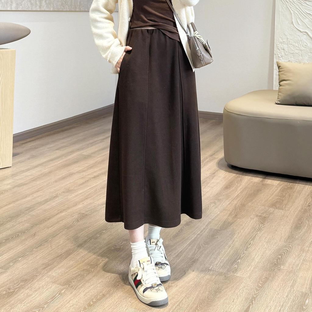 Wool-Blend 6-Panel Skirt with Elastic Waist and Hidden Inner Fold, Autumn/Winter Style