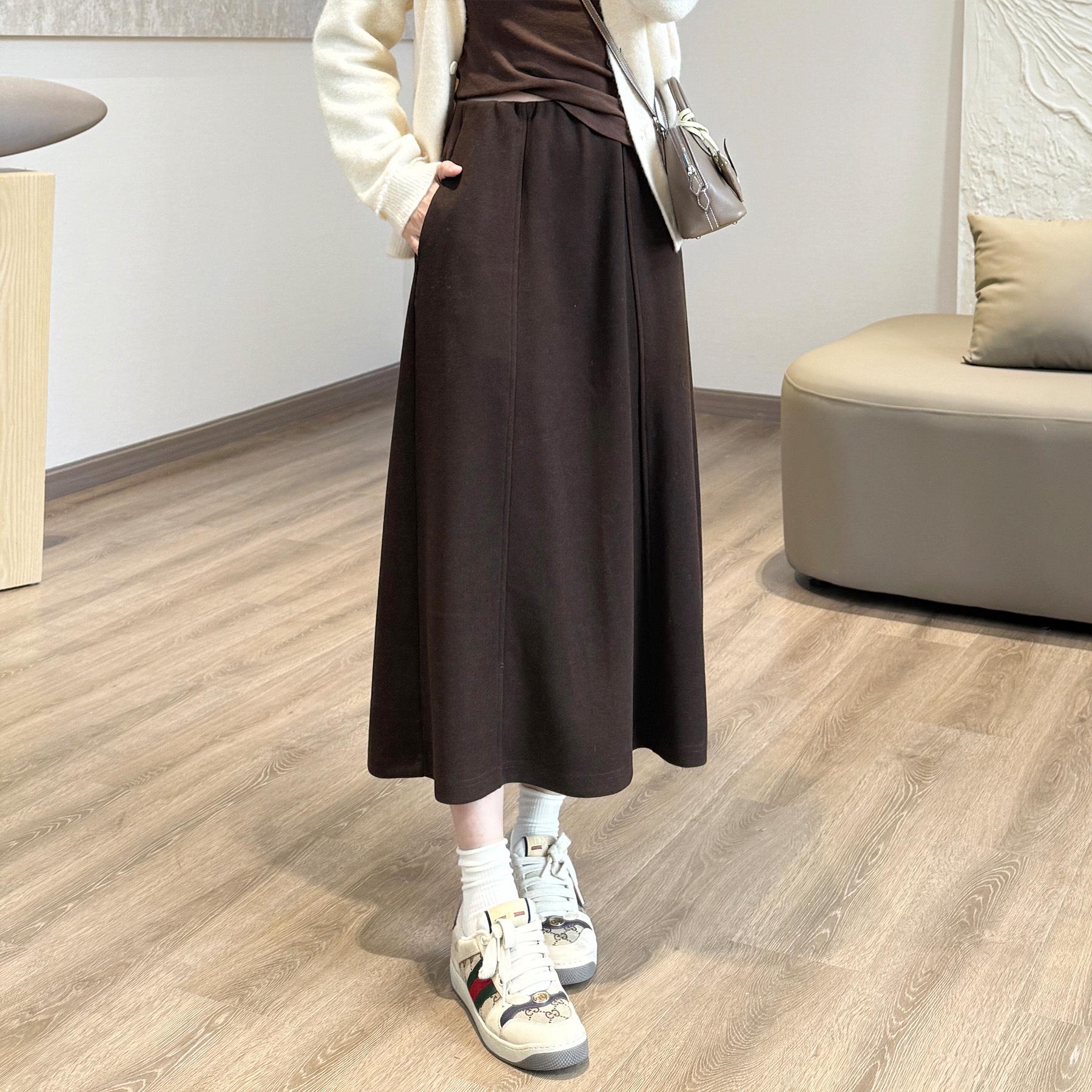 

Wool-Blend Elastic Waist Skirt with Pockets - 6-Panel Design, Coffee/Dark Gray, Autumn/Winter Long Half Skirt. Large кофейный