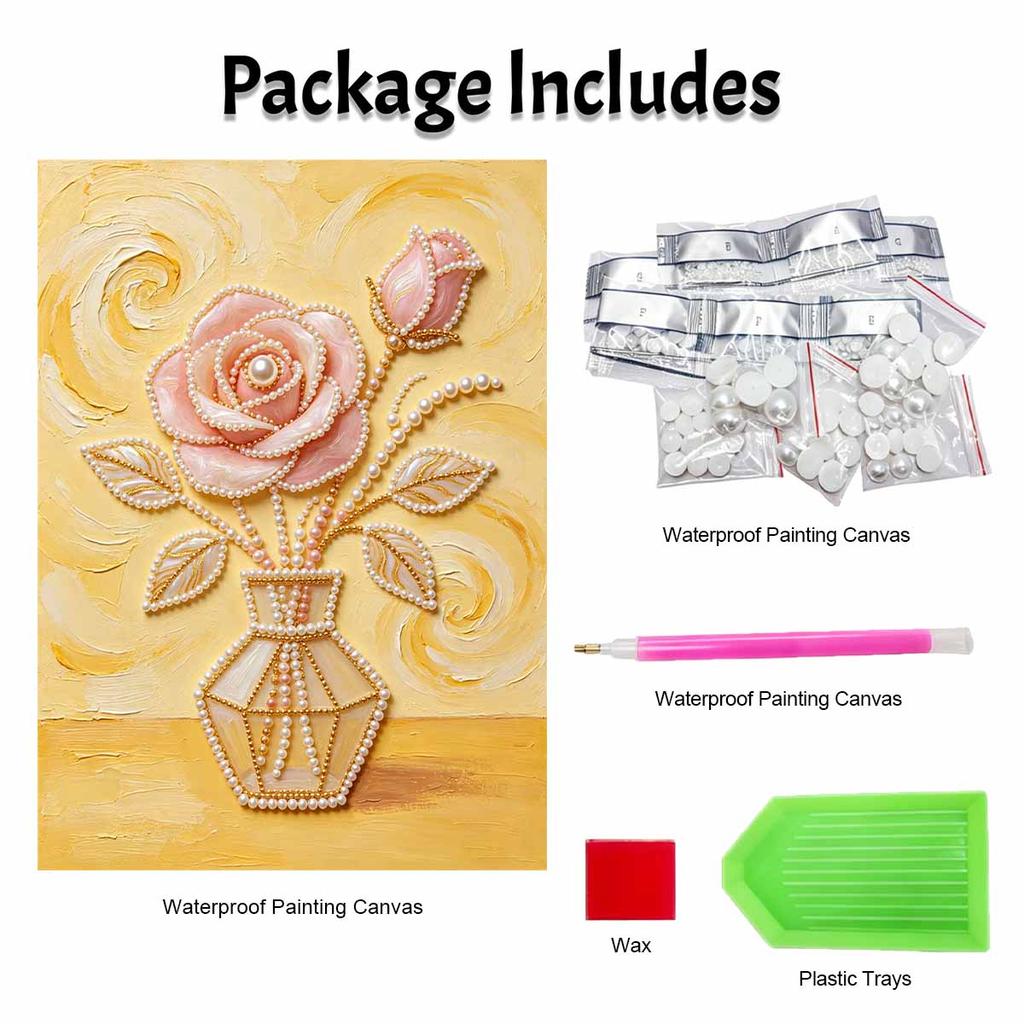 DIY Frameless Pearl Painting Kit Elegant Pink Rose Vase 3D Shiny Bead Art Canvas Relaxing Craft for Adults Home Wall Decor Gift