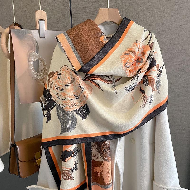 Autumn and Winter Scarf Women's New Shawl Outer Layer High End Peony Flower Scarf Office Blanket Imitation Cashmere Thickened Warm