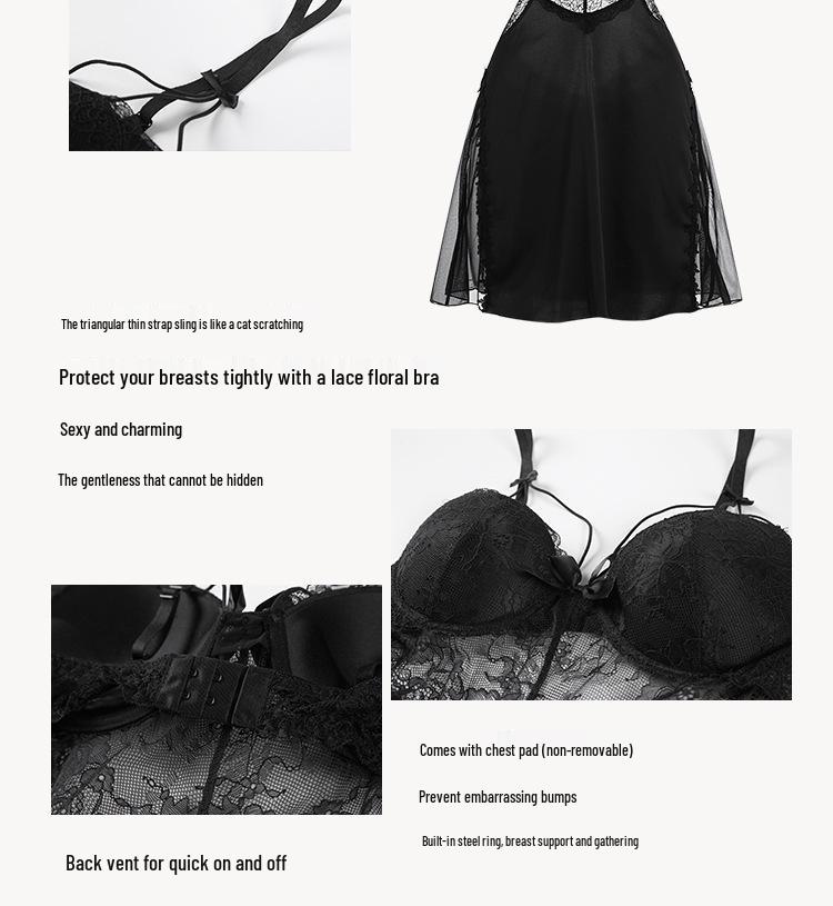 DZ Satin Lace Butterfly Decor Padded Underwire Backless Sexy Nightgown Robe Set 2044