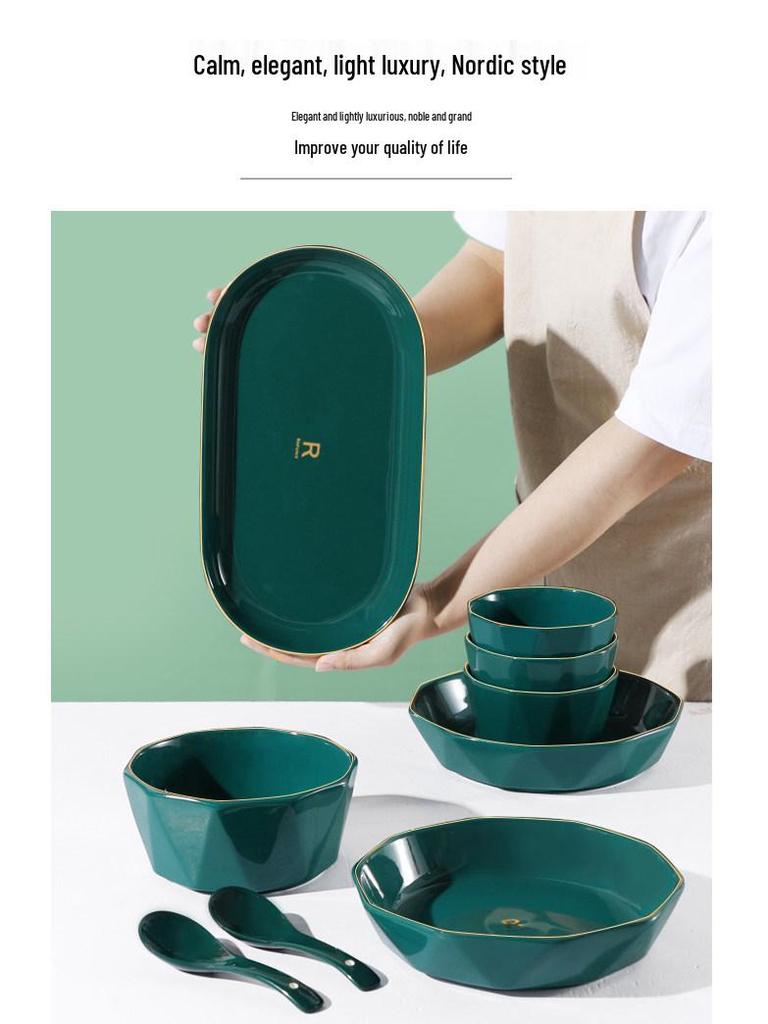 Luxury Peacock Green Tableware Set: Gold-Rimmed Bowl & Plate