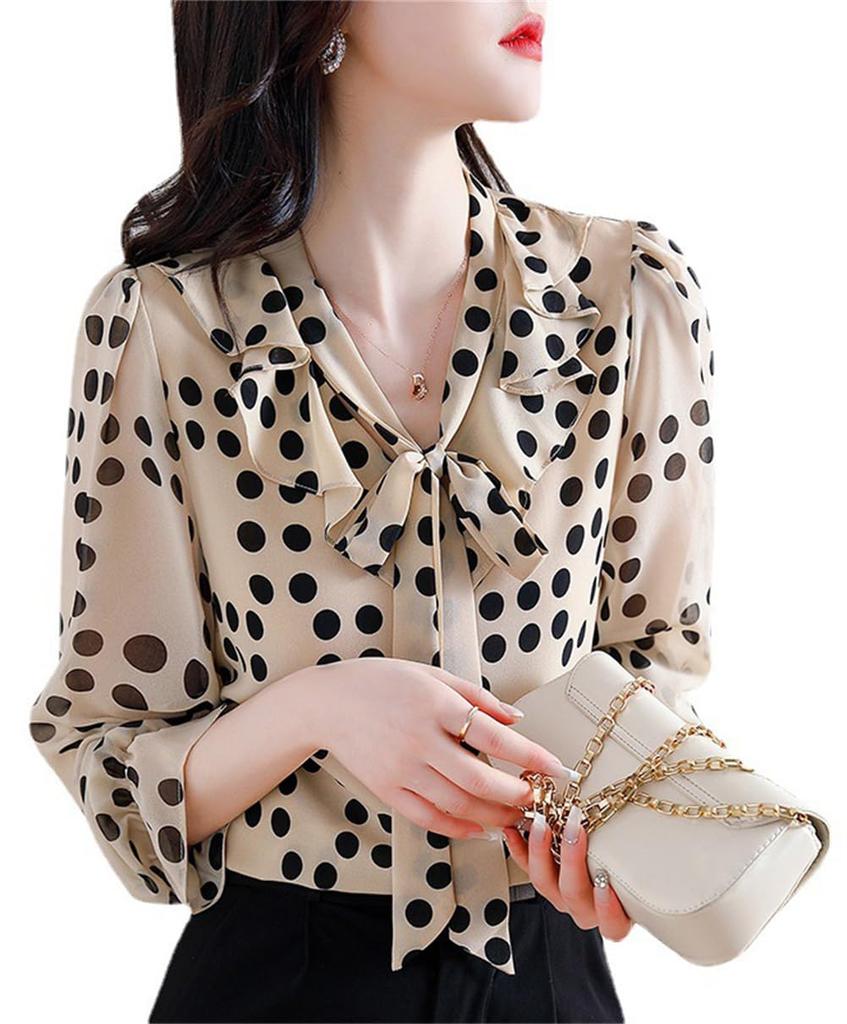 TAITENG Chiffon Long Polka Dot Blouse with Korean Elegant for Office and Commuting Women's Shirt, Sleeve, V-Neck, Print, Ribbon, Fashion, Wear,