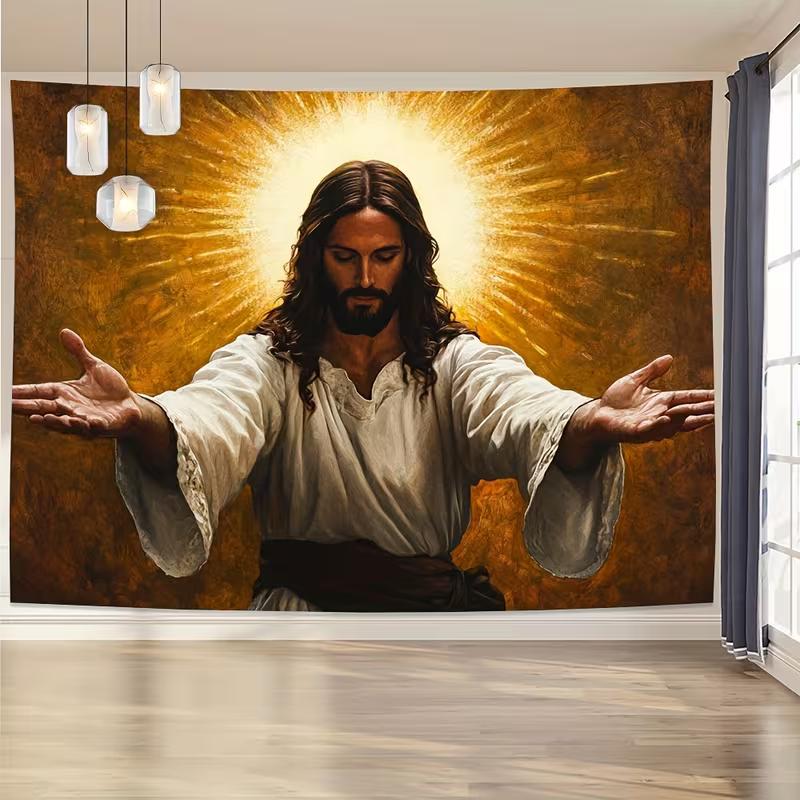2D Jesus Open Arms Backdrop, Christ with Radiant Halo Photography Background, Christian Religious Banner