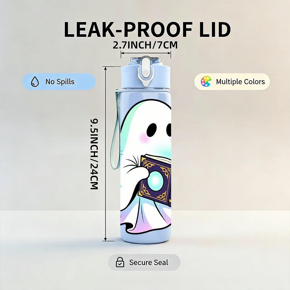 1PC Ghost Cat Reading Book Halloween Print 750ml Color Plastic Sports Water Bottle Leakproof Flip Straw Lid Suitable for Sports Office Home Use