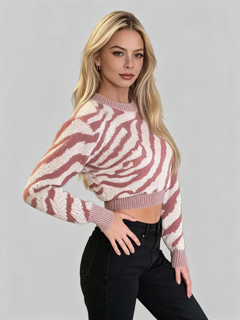 Winter new European and American zebra knit sweater for women, long-sleeve pullover short top, fashionable, versatile, and trendy