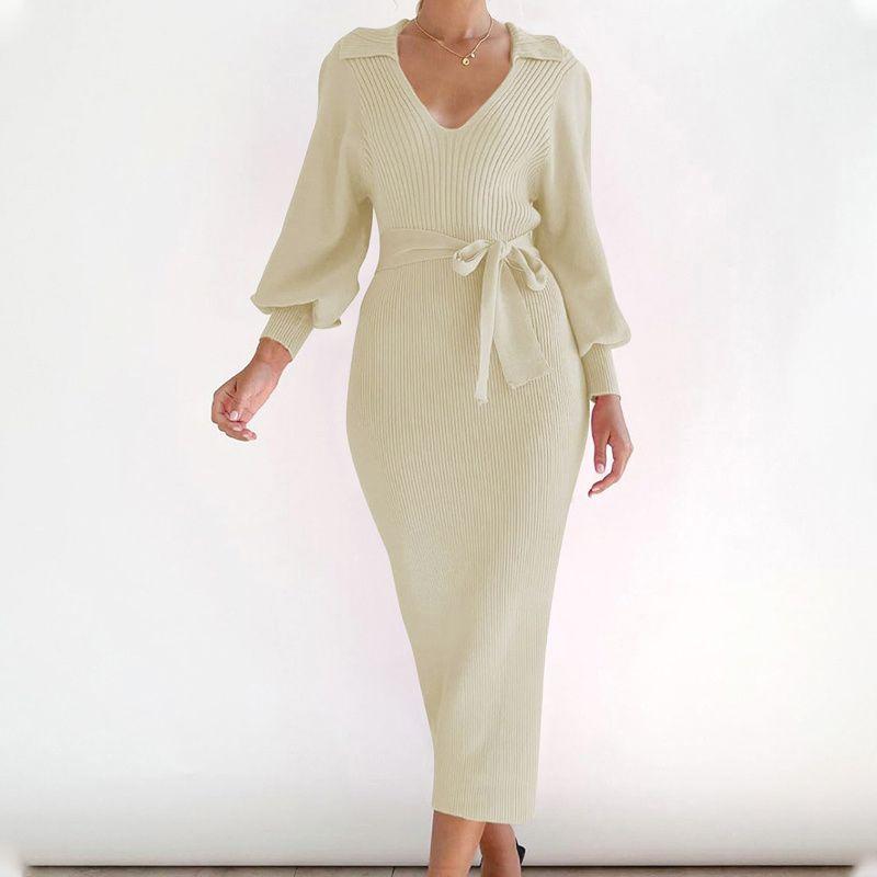 Autumn Winter Women Dress Ladies Sweater Skirt V-neck Knitted Sweater Dress