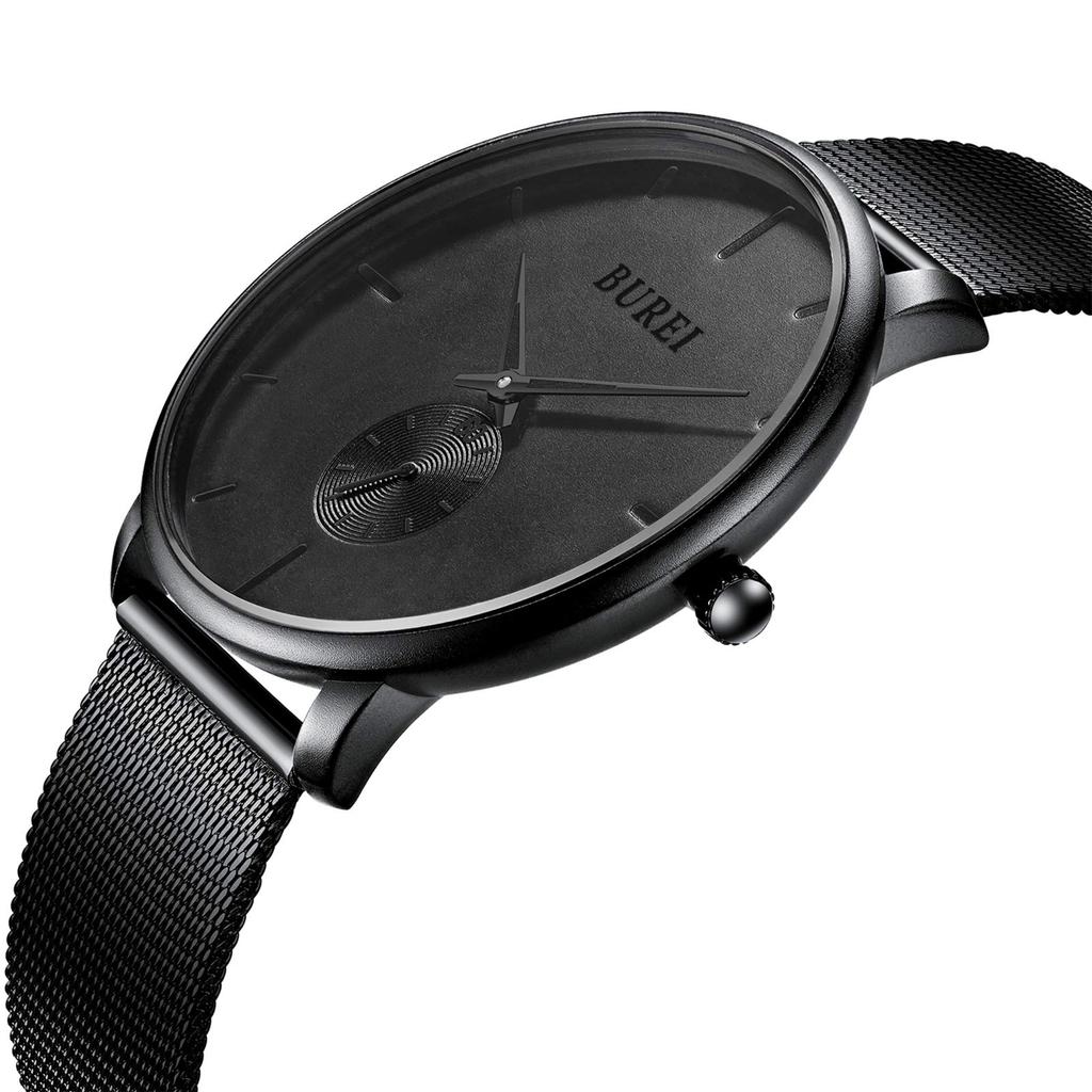 BUREI Men's Black Watch, Simple, Stylish, Popular, Men's Black Watch with Leather Strap (AMJP-7, Stainless Steel)