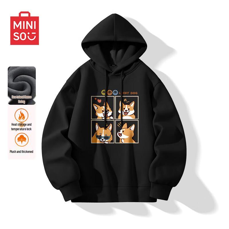 

MINISO Men s Loose Fit Fleece-Lined Hooded Sweatshirt with Corgi Print L