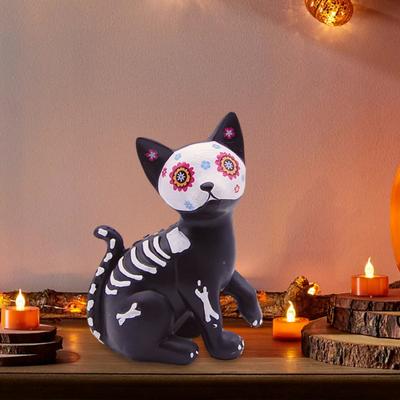 Day of The Dead Dog Cat Figurine Halloween Skull Animal Statue Resin Skeleton Sculpture for Home Desk Decoration