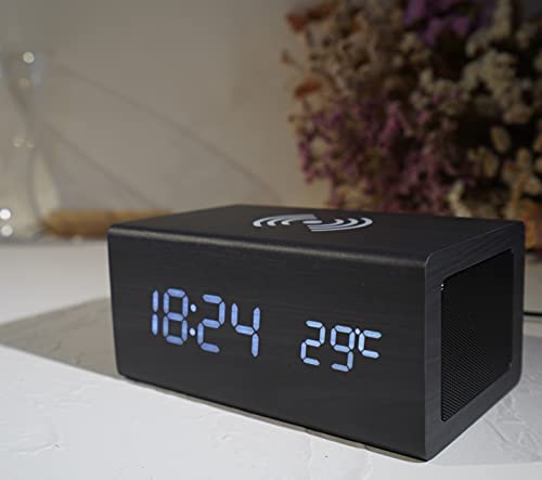 WOOD SHOW Wecker mit Lautsprecher, Stilvolle Tischuhr, Digitaluhr, Schreibtischuhr, Smartphone-Ladefunktion, Lautsprecher, Holzmaserung-Design, Multi-Fu