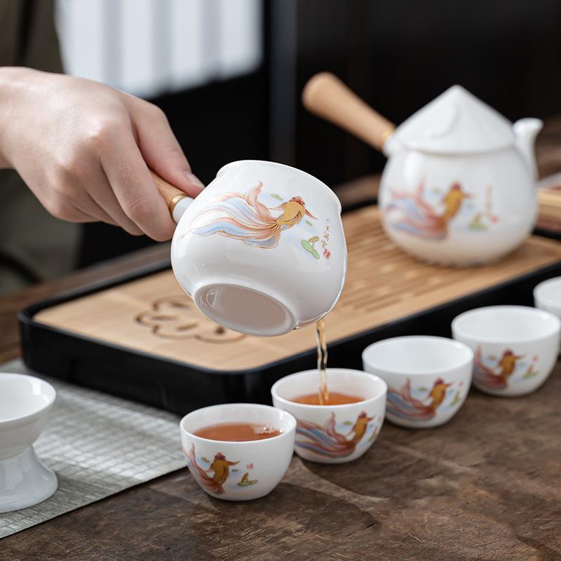 Suet jade white porcelain travel tea set portable kung fu tea set side handle teapot business gift souvenir