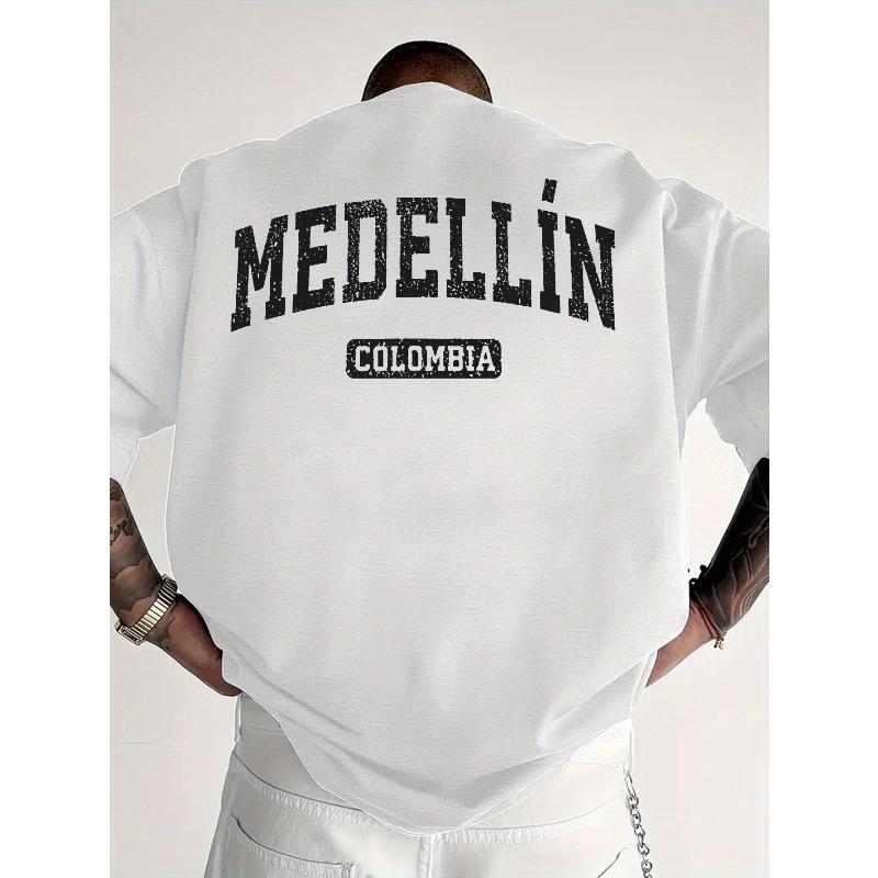 Herren T-Shirt mit Medellin Kolumbien Letter Print - Herren Rundhals T-Shirt, Lockerer Drop Shoulder Fit