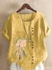 Women's Fashion Feather Flower Print Casual Cotton Linen Short Sleeve Round Neck T-shirt Shirt Leisure Loose Summer Blouse Tops