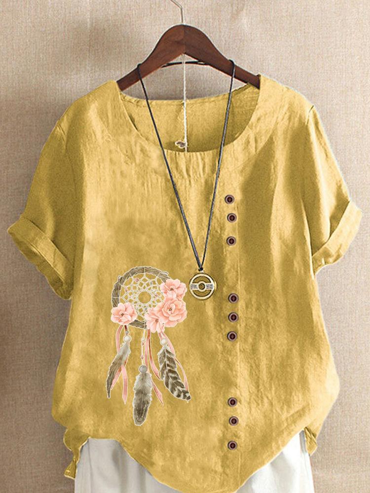 Women's Fashion Feather Flower Print Casual Cotton Linen Short Sleeve Round Neck T-shirt Shirt Leisure Loose Summer Blouse Tops