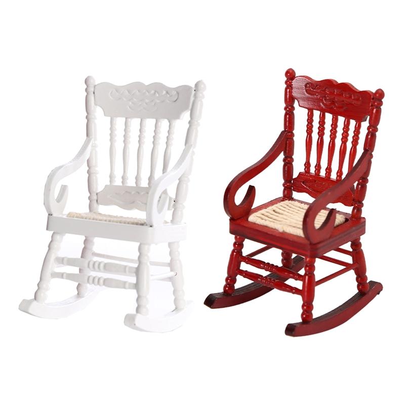 1/12 Toy Model Rocking Chair Pretend for Play Toy Mini Wooden Chair White/Red Role for Play Accessory DIY for Doll House