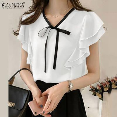 Womens Summer Casual Ruffles Short Sleeve Loose Blouse