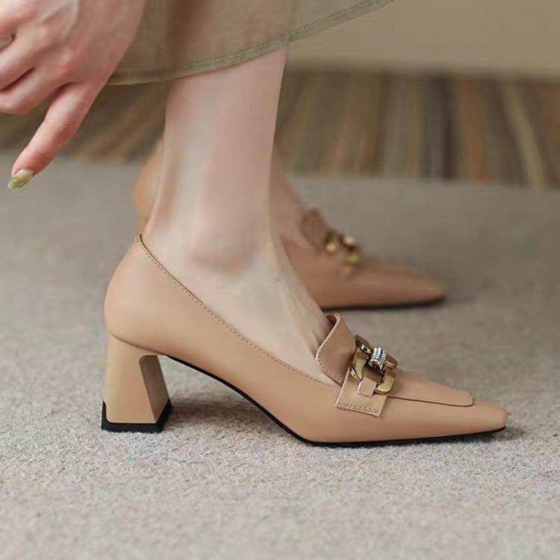 

Кожаные туфли-лодочки на высоком каблуке, женские, весна-осень, новые, на толстом каблуке, с квадратным носком, рабочие туфли, универсальные лоферы, повседневная обувь 39 бежевый