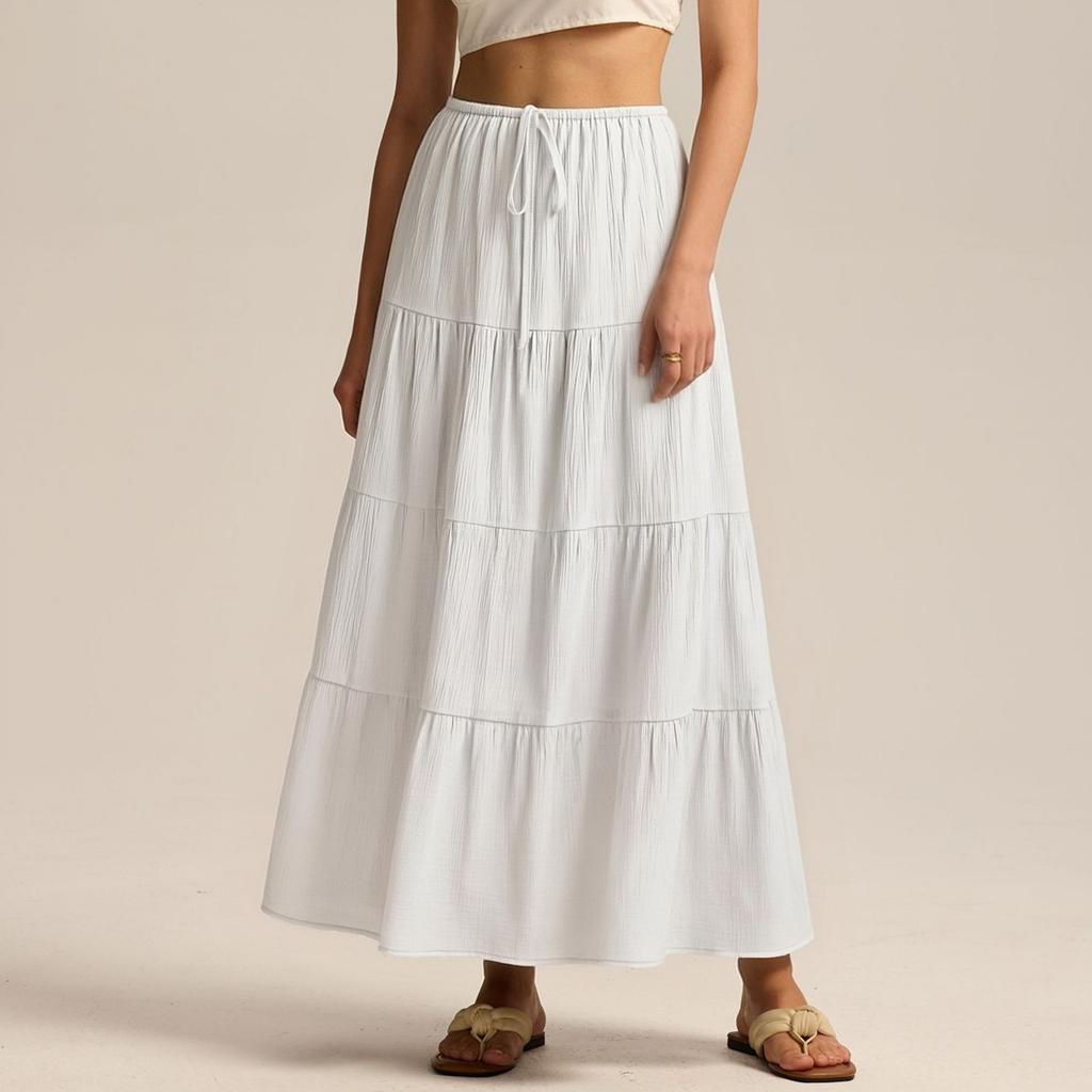 Damen Baumwollrock Hohe Taille Elastisch Schnürung Großer Schwingender Rock Lockere Naht Langer Rock
