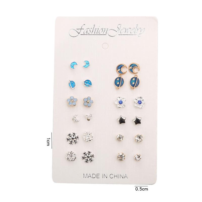 12 Pairs Small Planet Moon Star Stud Earrings Set For Women Simple Geometric Flower  Earrings  Party Jewelry