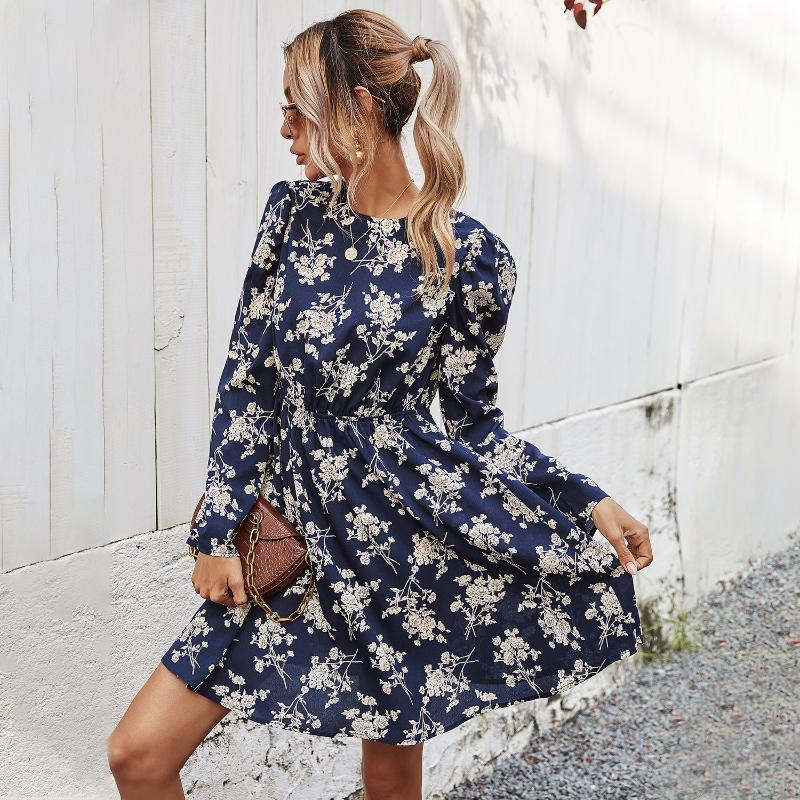 Elegant Women Floral Dress Autumn Long Sleeve High Waist Slim Dresses Female Office Commuter Comfortable Wear Daily Casual Gown