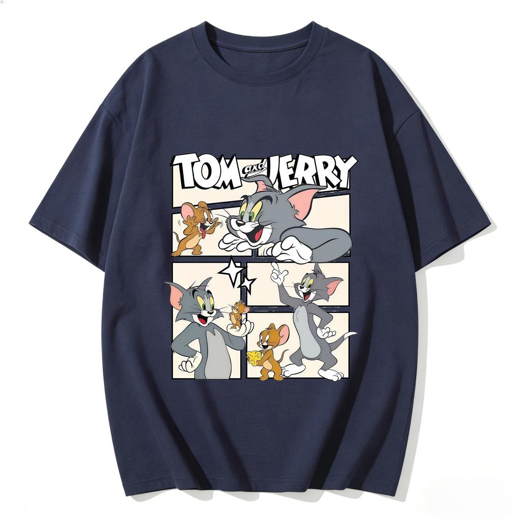 2026 New Tom Jerry Print Tshirt Casual Loose Couple Family Matching Outfits Short Sleeve Cotton Tee Summer Streetwear Tops Y2k