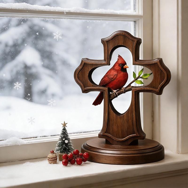 Handcrafted Cardinal Cross Ornament, Wooden Memorial Gift With Crimson Hue And Olive Branch Design, Sympathy Comfort Gift красный