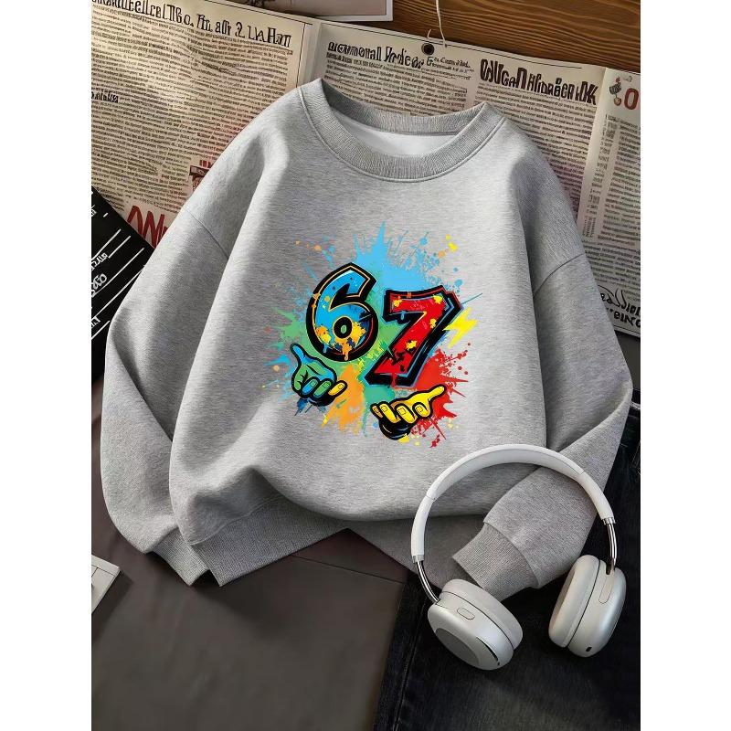 Kids Unisex Sweatshirt, Graffiti Splash Thunder Hand Number 67 Print Long Sleeve Pullover, Boys Girls Birthday Sweatshirt For Kids Over 4 Years Old