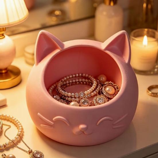 3D Printed Cat Head Pen Holder, Cute Desktop Storage Container, Wide Mouth Sundries Container for Keys Pens Makeup Brush Bracelets Rings