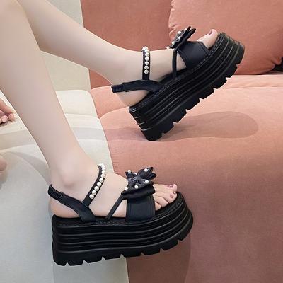High-heeled Summer Bow Fairy Wind Platform One-word Pearl Sandals Women's 2025 New Fashion Roman Women's Shoes
