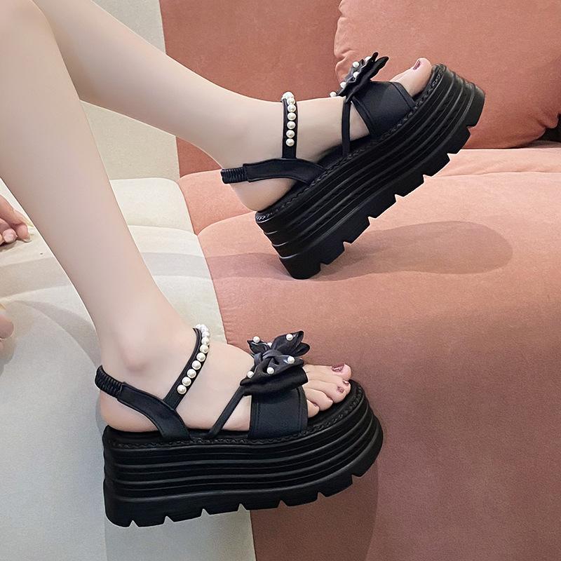 High-heeled Summer Bow Fairy Wind Platform One-word Pearl Sandals Women's 2025 New Fashion Roman Women's Shoes