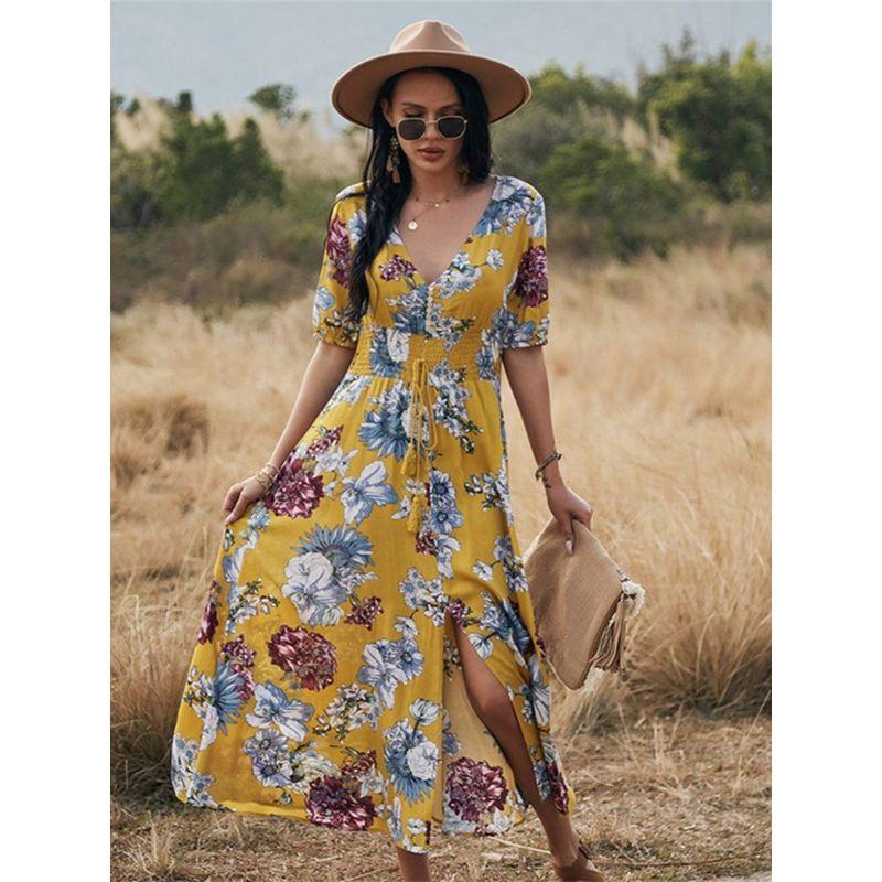 V-neck Waistband Slimming Print Dress V-neck Waist-Controlled Slimming Print Dress