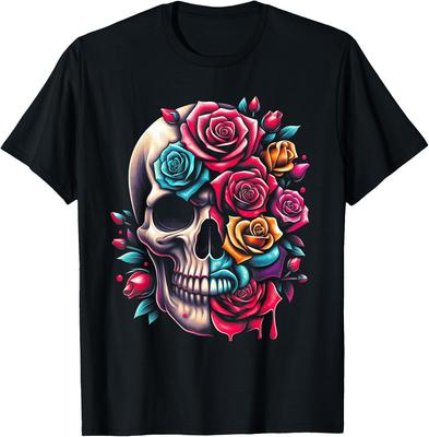 Half Flower Half Skull Sugar Roses for Unisex Girls Halloween T-Shirt