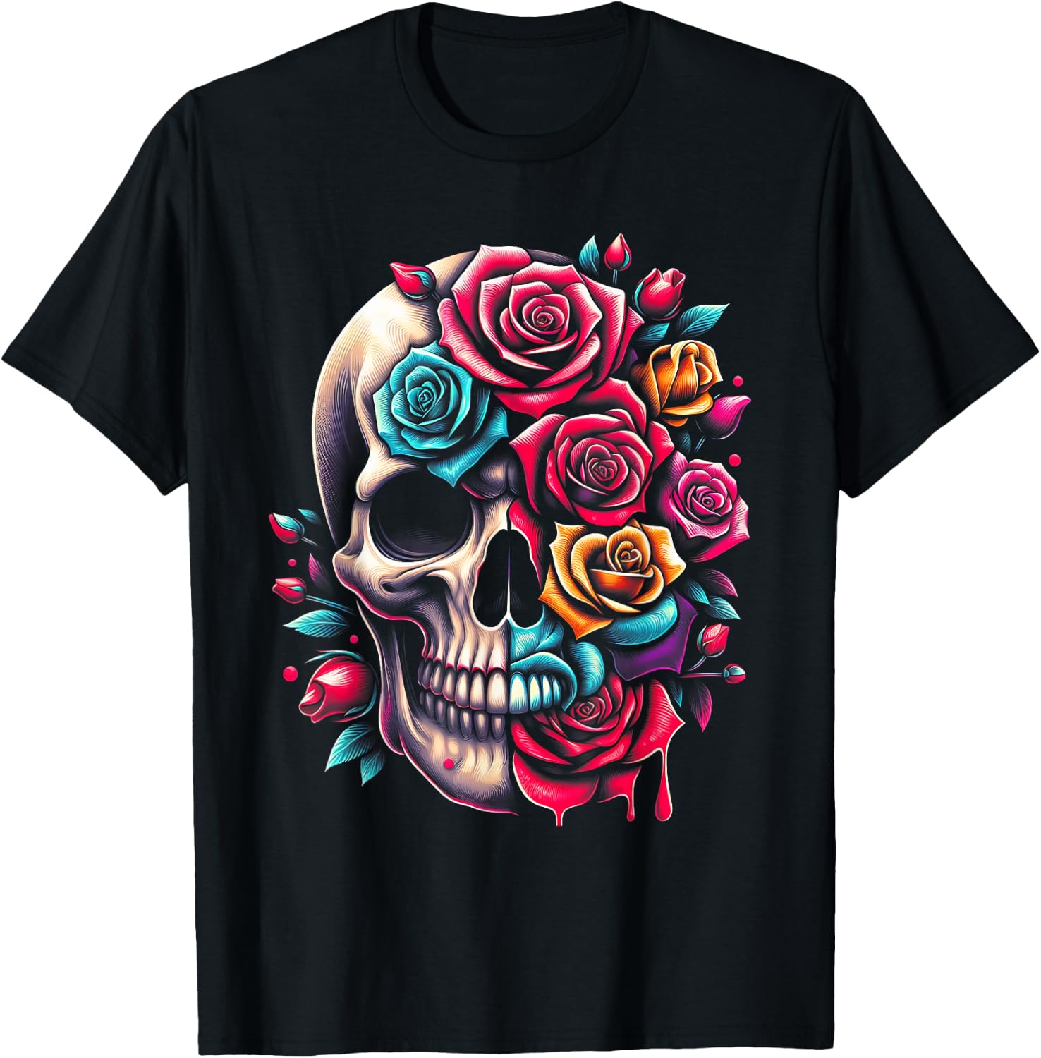 Half Flower Half Skull Sugar Roses for Women Girls Halloween T-Shirt XXXXL