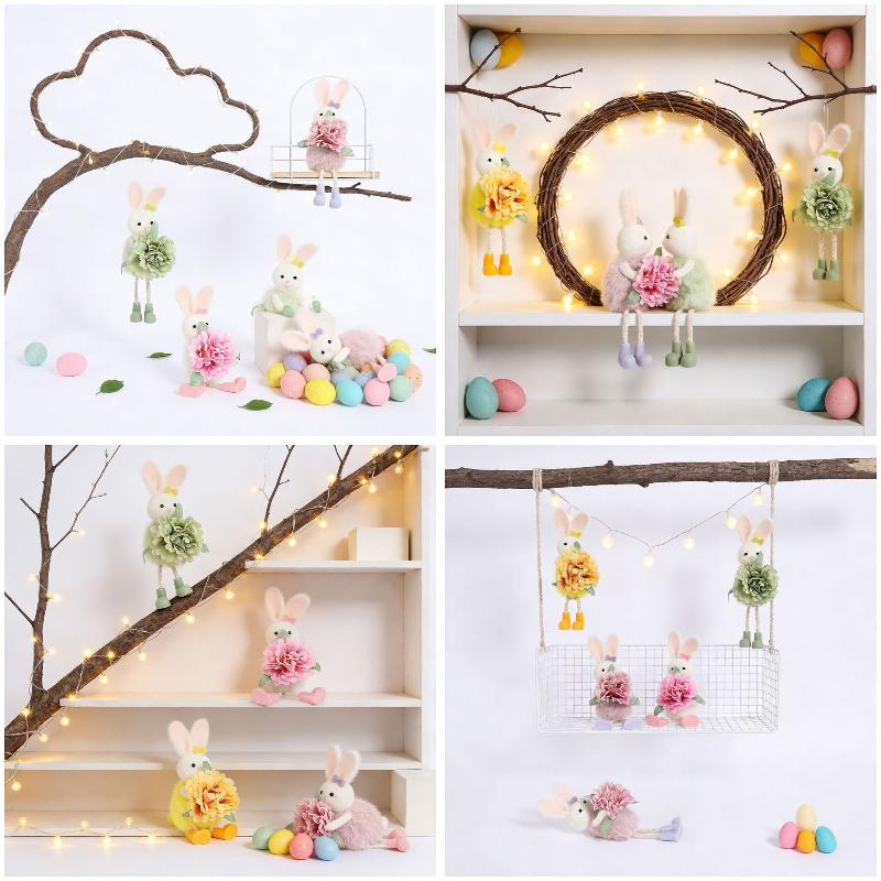Easter Bunny Decor Cute Rabbit With Flower Hanging Ornaments For Tabletop Mantel Holiday Home Party Table Decorations Gift
