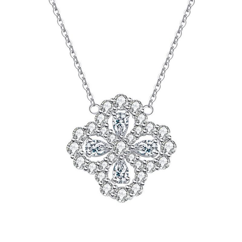 Moissanite Clover Pendant Necklace Sterling Chain Floral Design Hypoallergenic Jewelry Women 925 Sterling Silver