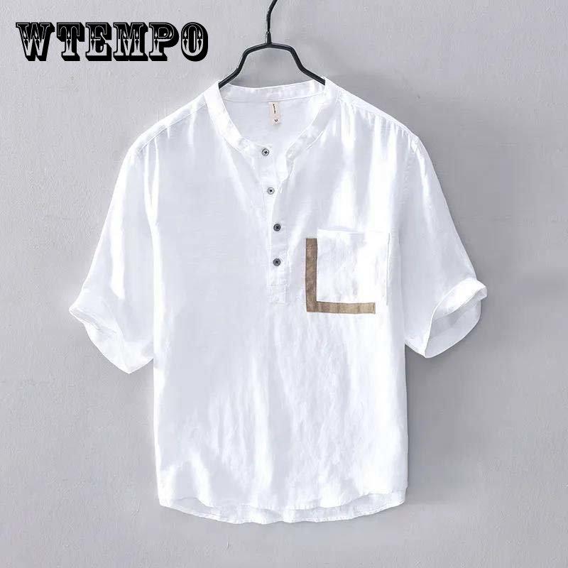 

Хлопково-льняная рубашка с воротником-стойкой и короткими рукавами, летняя мужская свободная тонкая повседневная дышащая рубашка в стиле ретро в стиле ретро