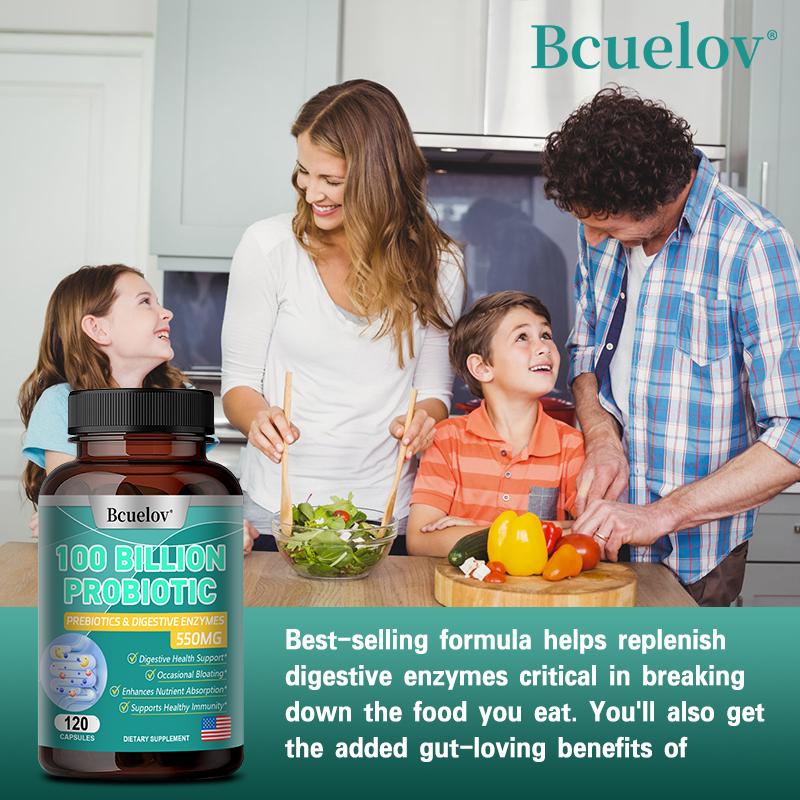 Bcuelov Probiotic Capsules with Digestive Enzymes Relieve Bloating Enhance Nutrient Absorption 120 Capsules