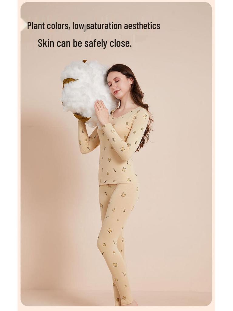 Women's Pure Cotton Cartoon Print Warm Underwear Set - Autumn/Winter Thin Base Layer Sweater & Leggings