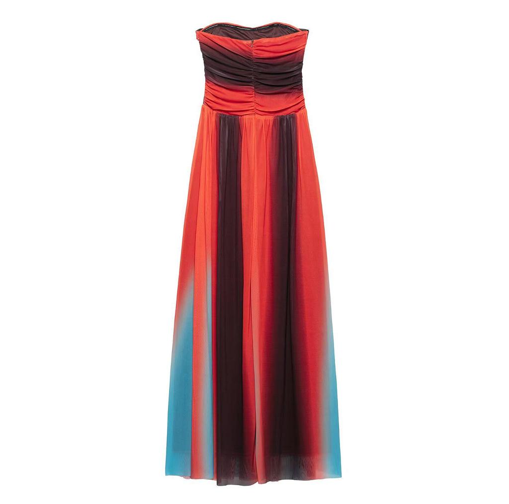 2025 Spring Women's European & American Fashion Slimming Strapless Print Mesh Dress for Vacations