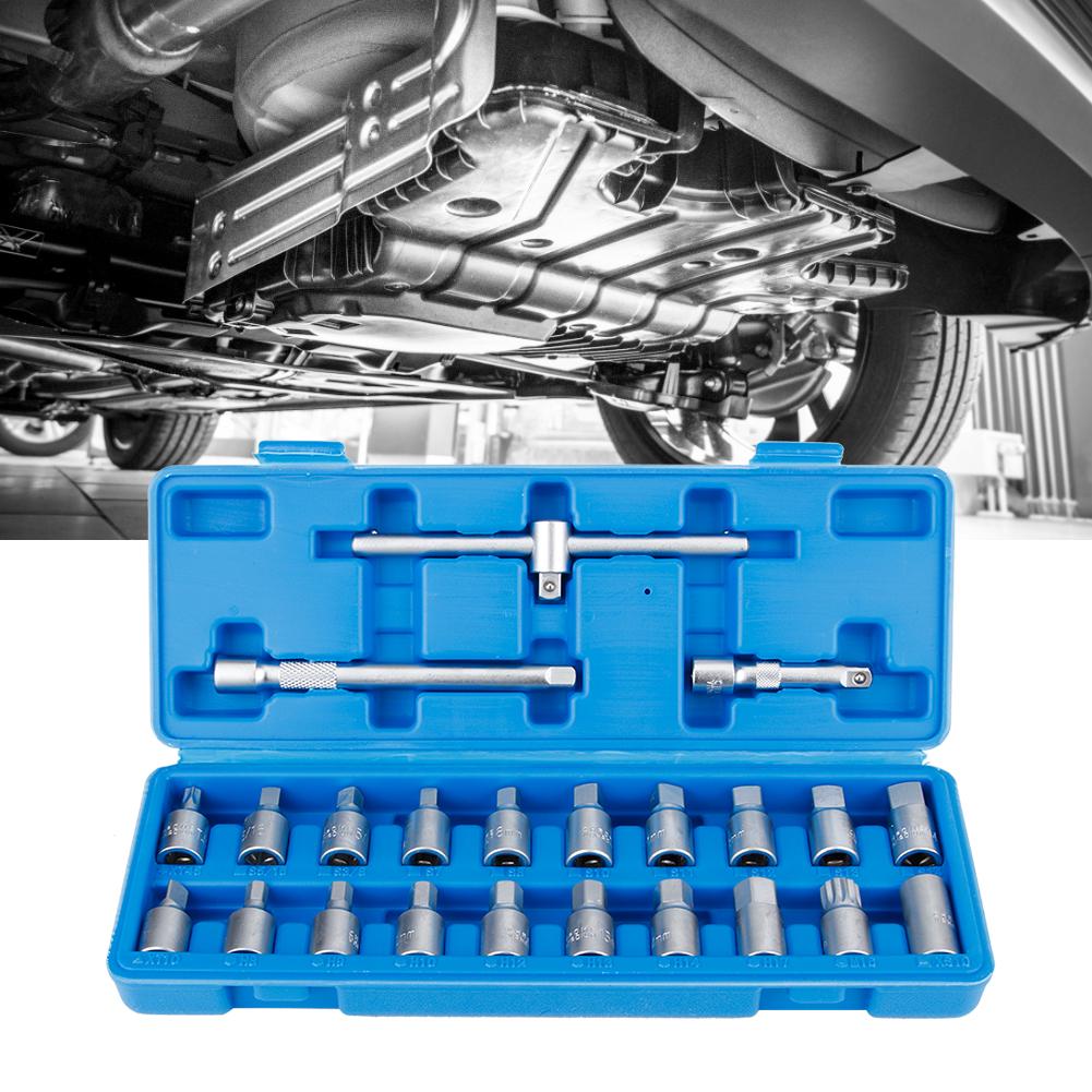 23Pcs Set 3 8in Oil Drain Sump Screw Sleeve Wrench Removal Kit Car Repairing Tool