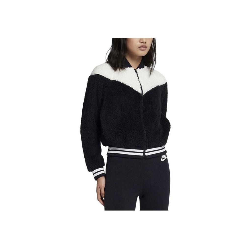 Nike Black And White Panda Print Logo Zipper Plush Casual Jacket Women Jacket 939389-010