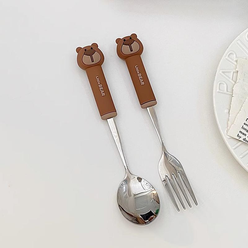 

304 Stainless Steel Kids Fork Spoon Cute Cartoon Girls Bear Duck Cutlery Set with Silicone Handle Children s Tableware